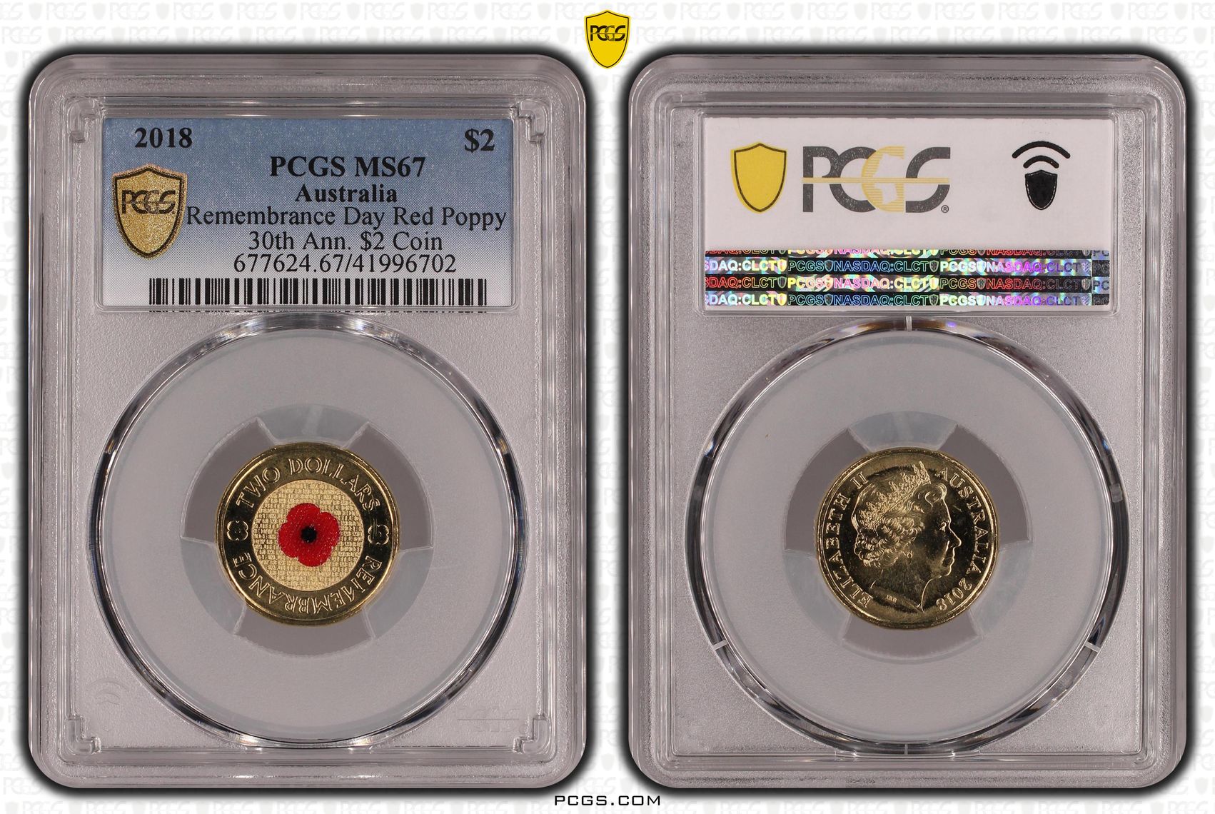 Remembrance Day Red Poppy 30th Ann. $2 Coin Colorized, Two Dollar, 2018, PCGS MS67