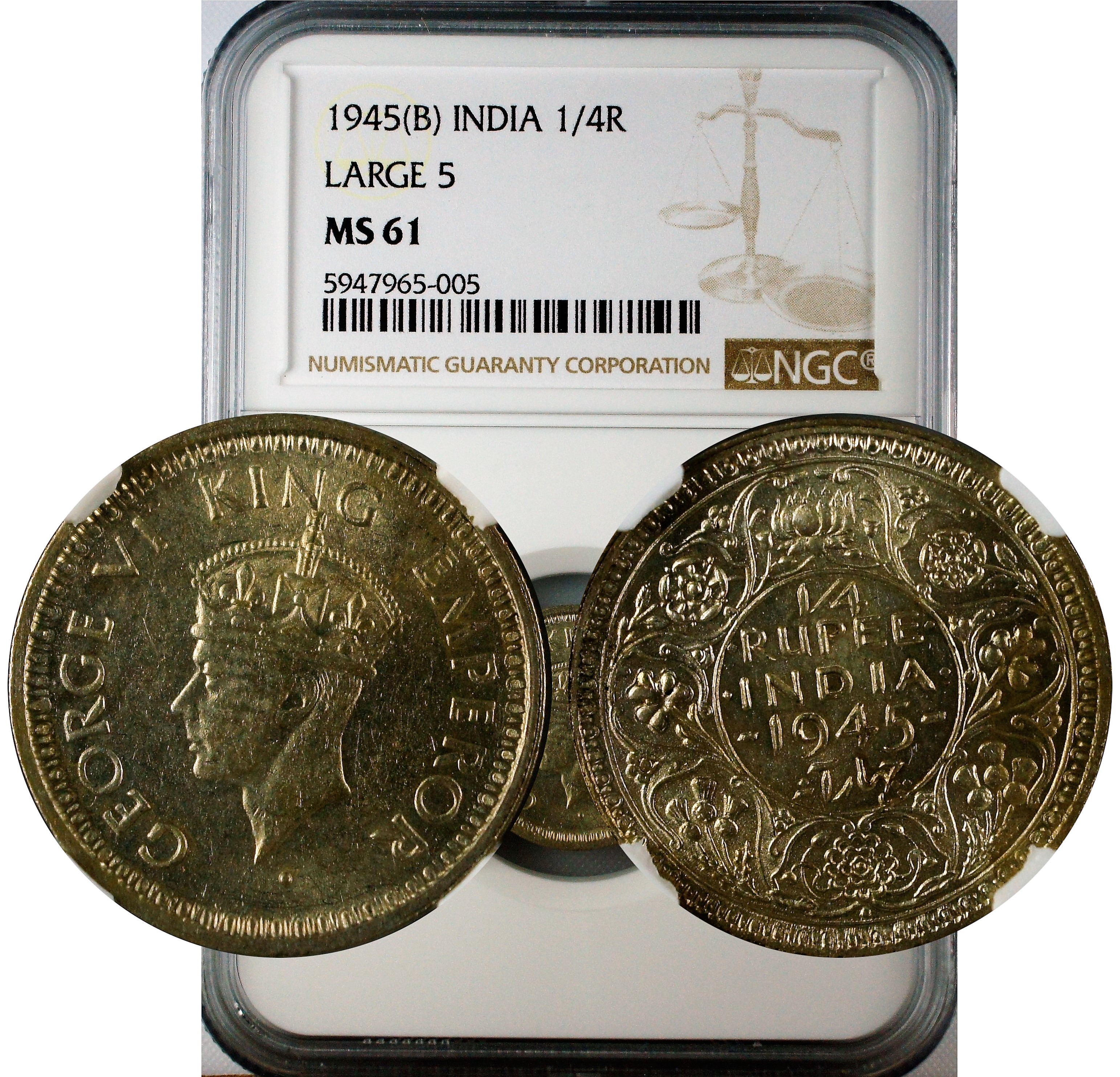 India 1945 B 1/4 Rupee Large 5 NGC MS61