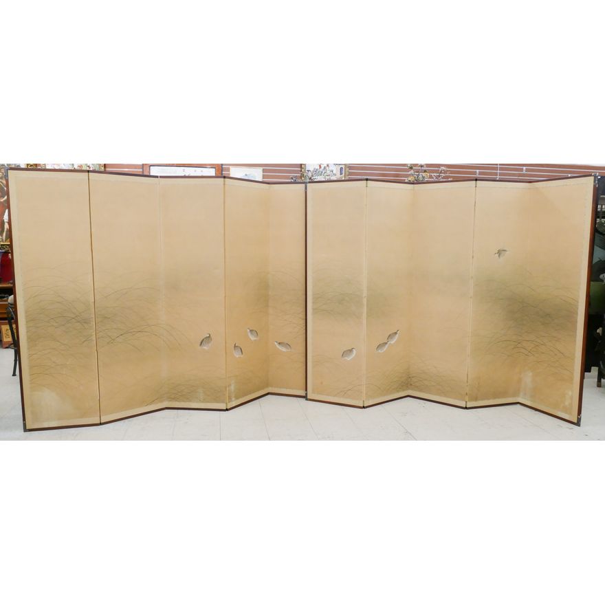 Pair Japanese 5-Panel Painted Quail Screens 67''x90'' Each