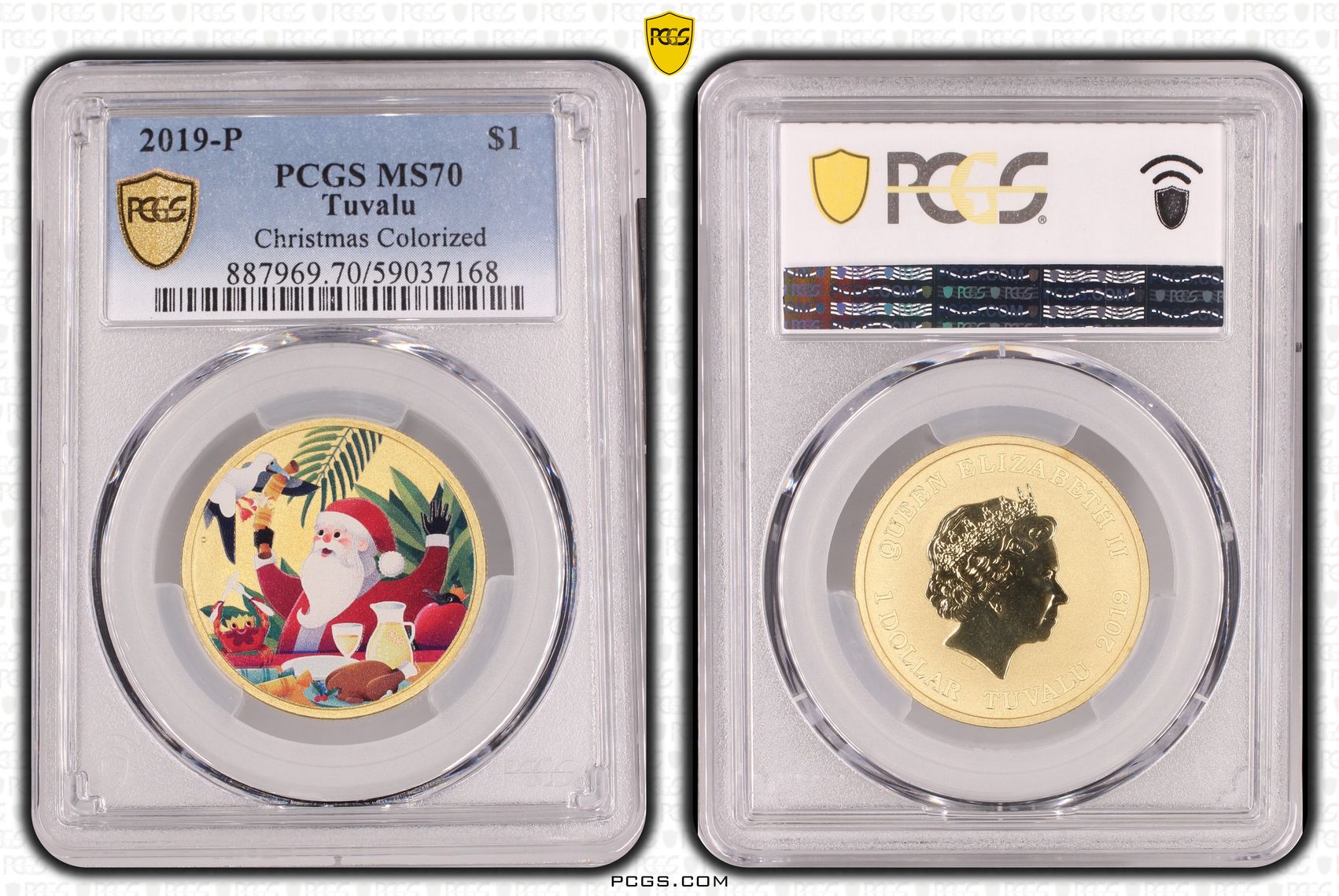 Tuvalu, Christmas Colorized, POP 12/0, One Dollar, 2019-P, PCGS MS70