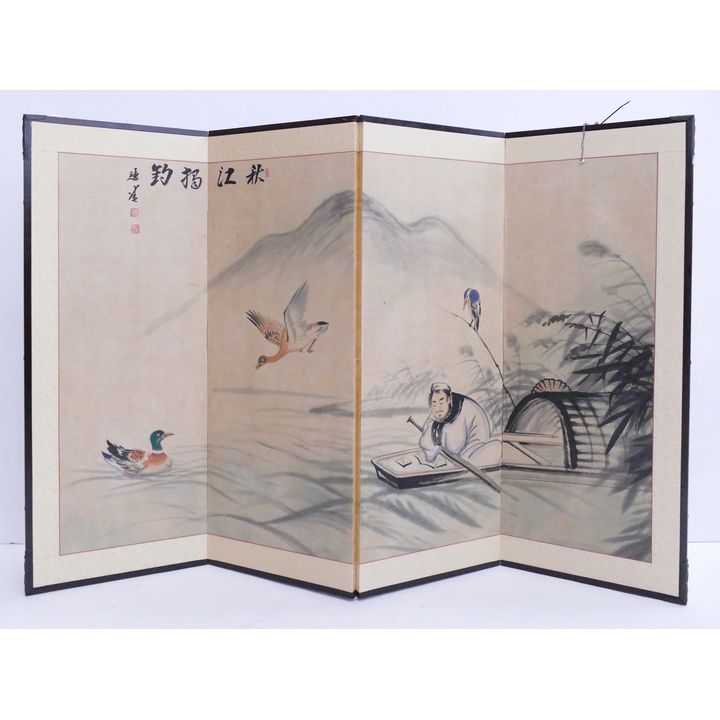 Japanese Painted 4 Panel Screen- Scholar with Birds- 36x54''