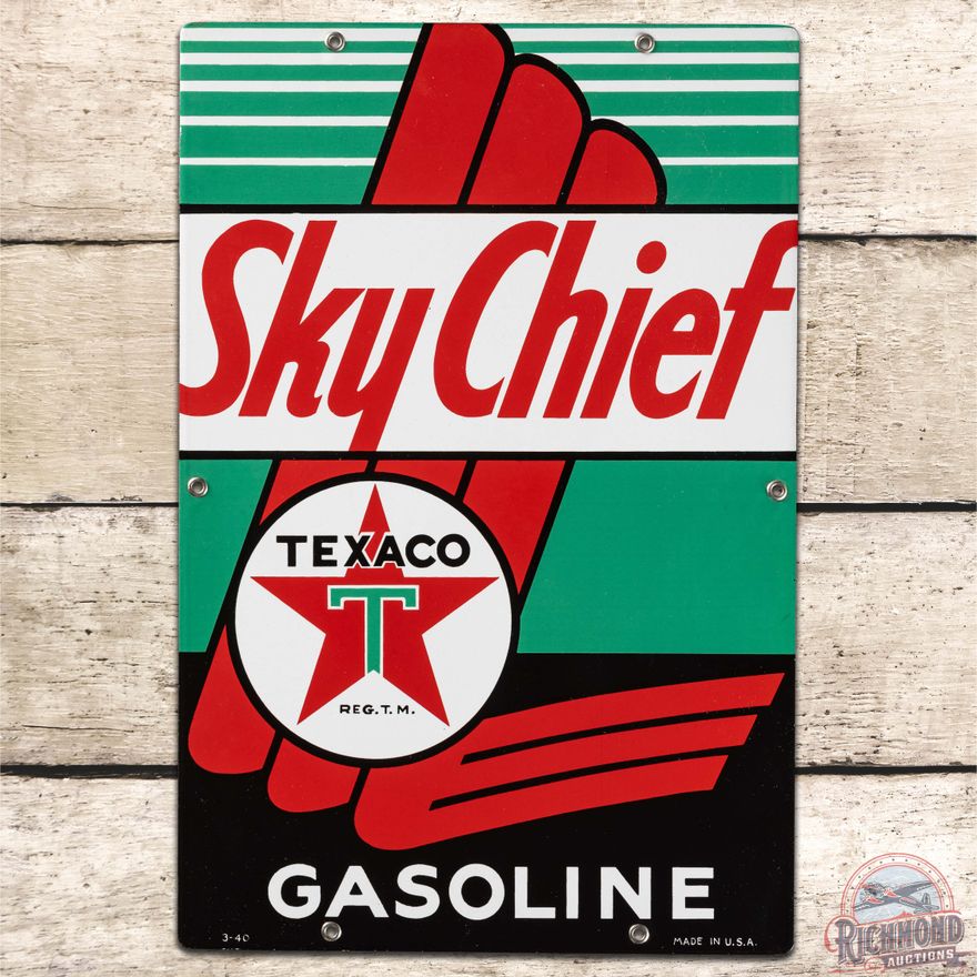 1940 Texaco Sky Chief Gasoline SS Porcelain Pump Plate Sign "White T"
