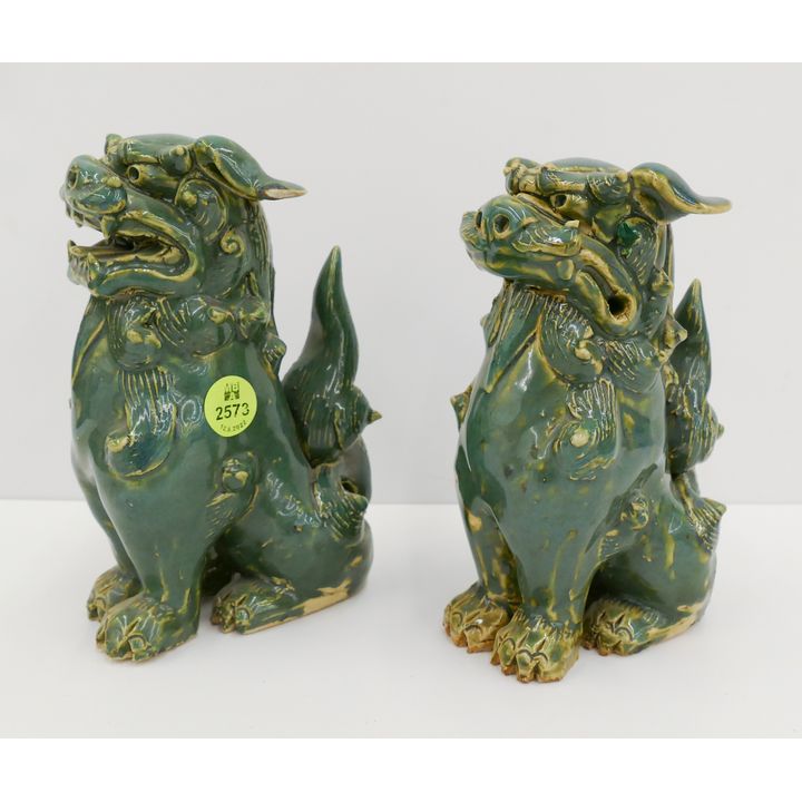 Pair Chinese Shiwan Pottery Foo Lion Figures- 6.5''
