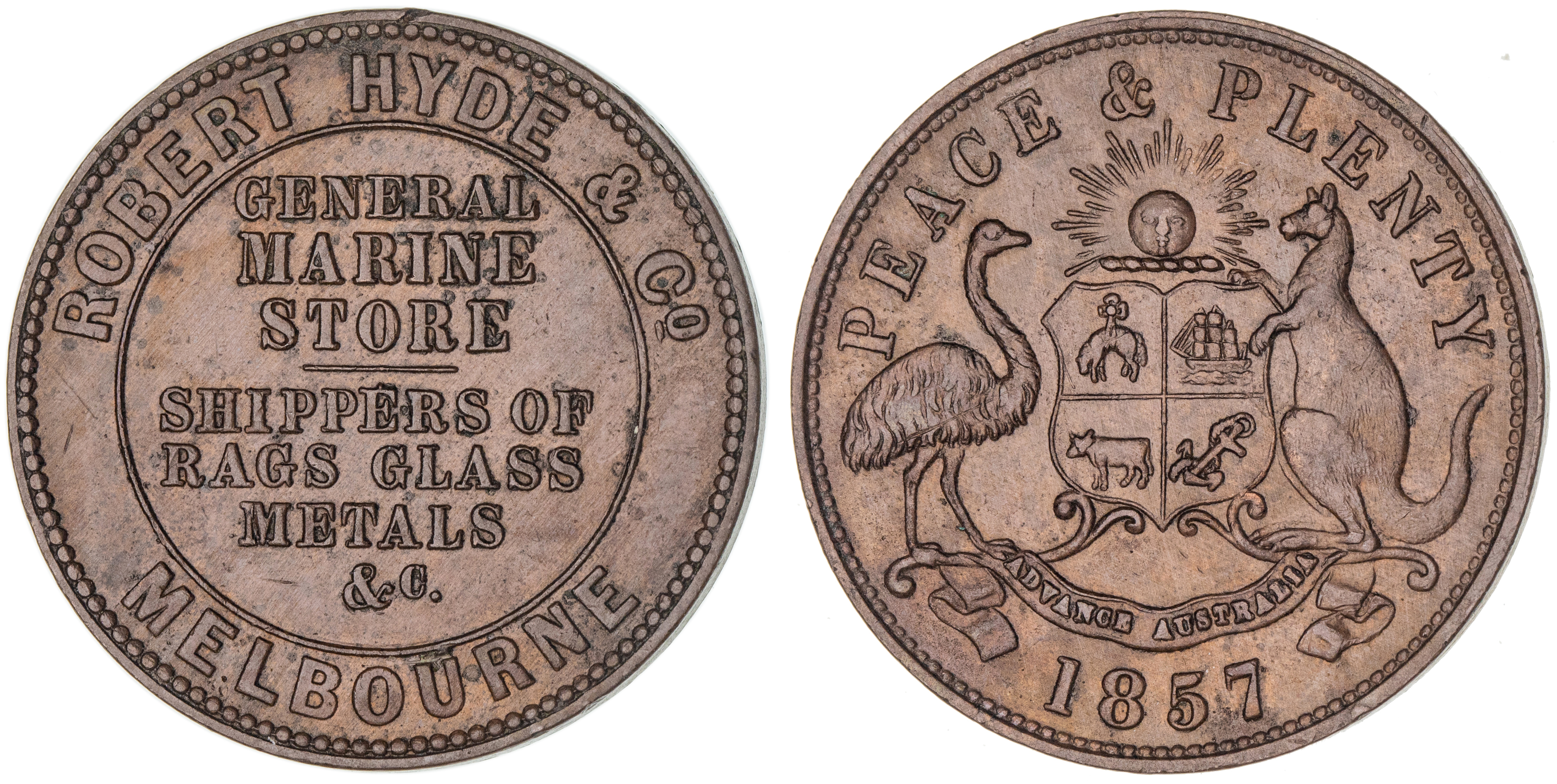 478 · Robert Hyde & Co., Melbourne, Vic., Penny, 1857, EF
