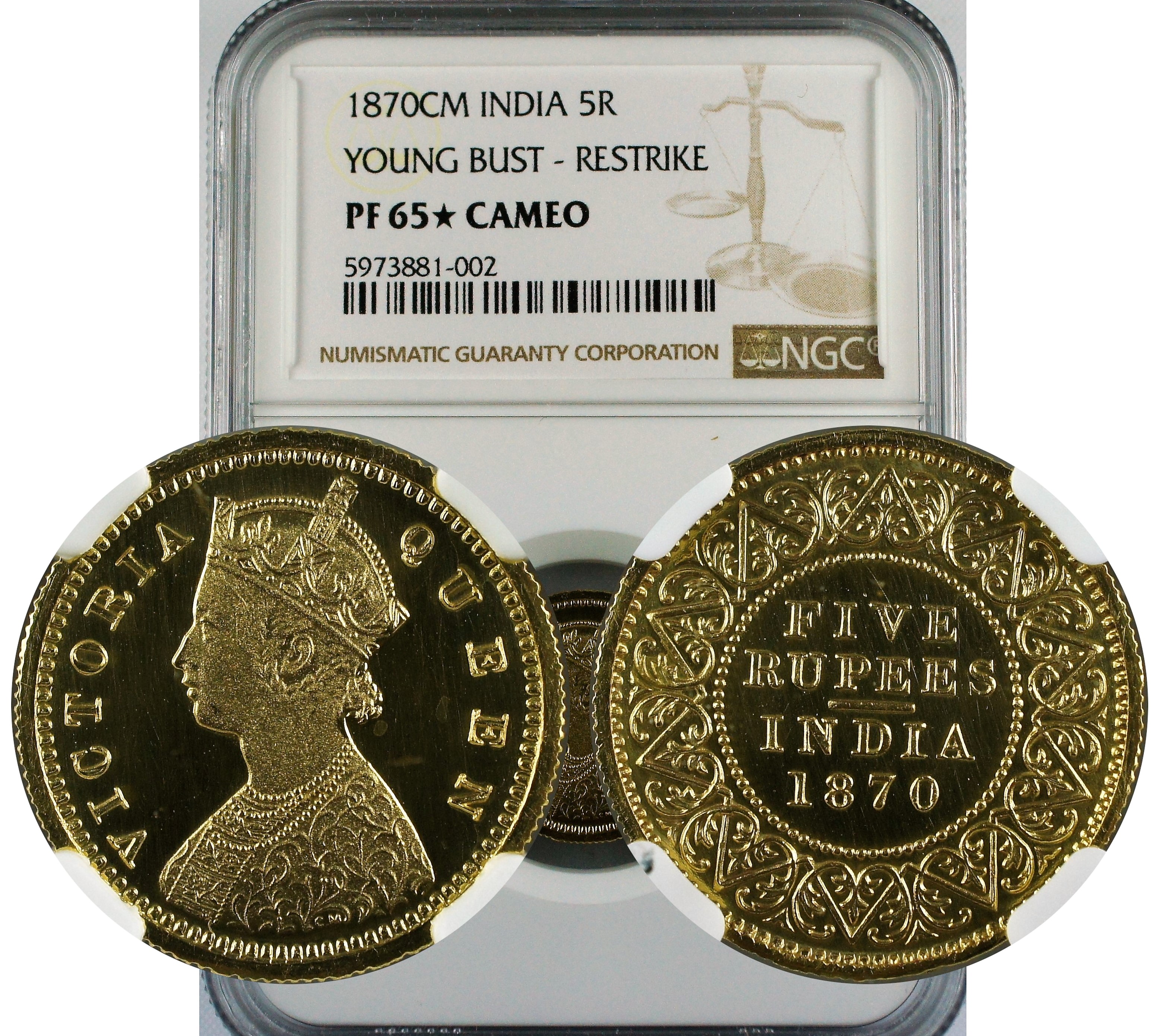 India British 1870 CM Gold 5 Rupees Young Bust Restrike NGC PF65* Cameo