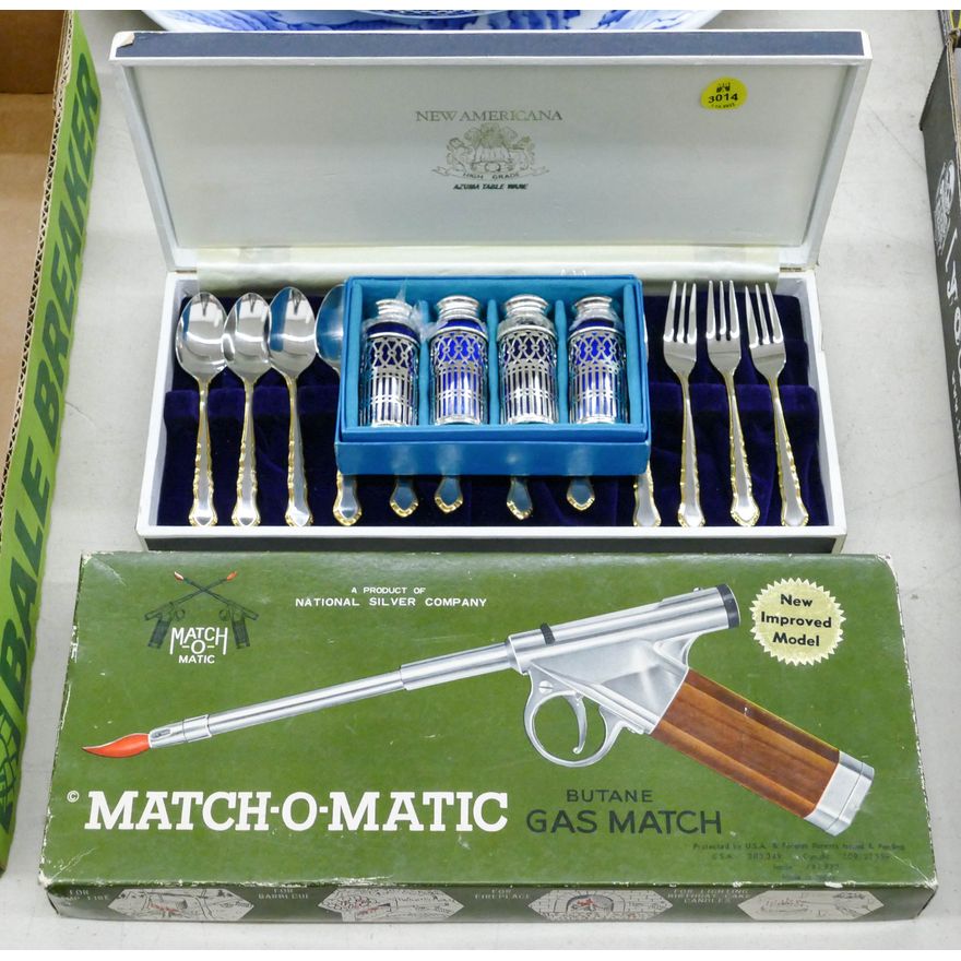 3pc Vintage NIB Match-O-Matic Gun Lighter- Box measures 13'' with Silverplate Serving Items
