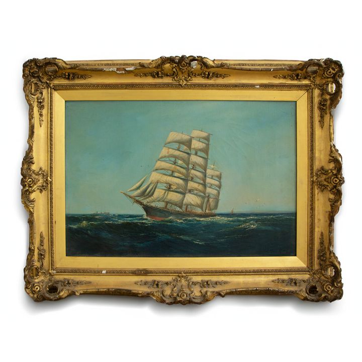 J. Mackay 'Merchant Vessel in full sail with steamer in left background'