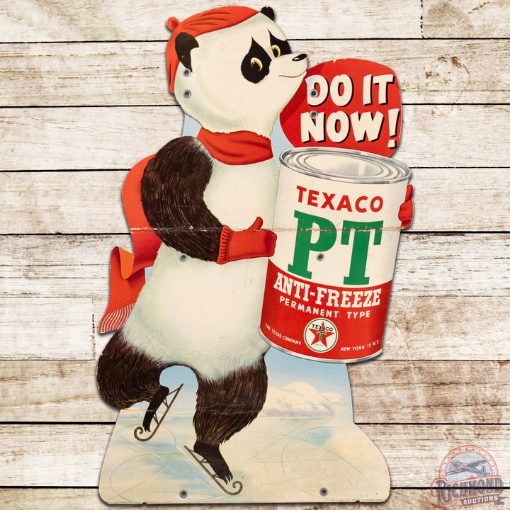Do It Now! Texaco PT Anti-Freeze Die Cut Cardboard Sign w/ Skating Panda