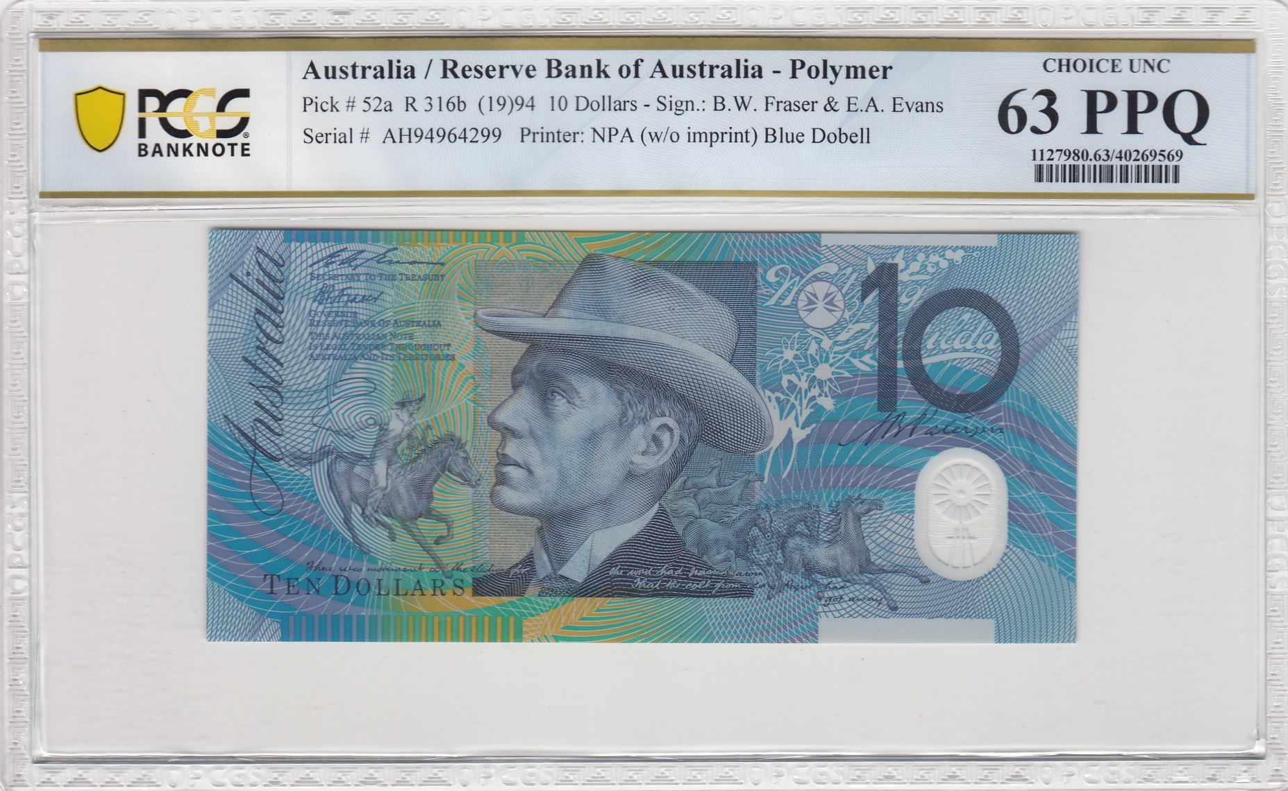 1994 Australia $10 Banknote Fraser/Evans Blue Dobell Choice UNC 63 PPQ PCGS