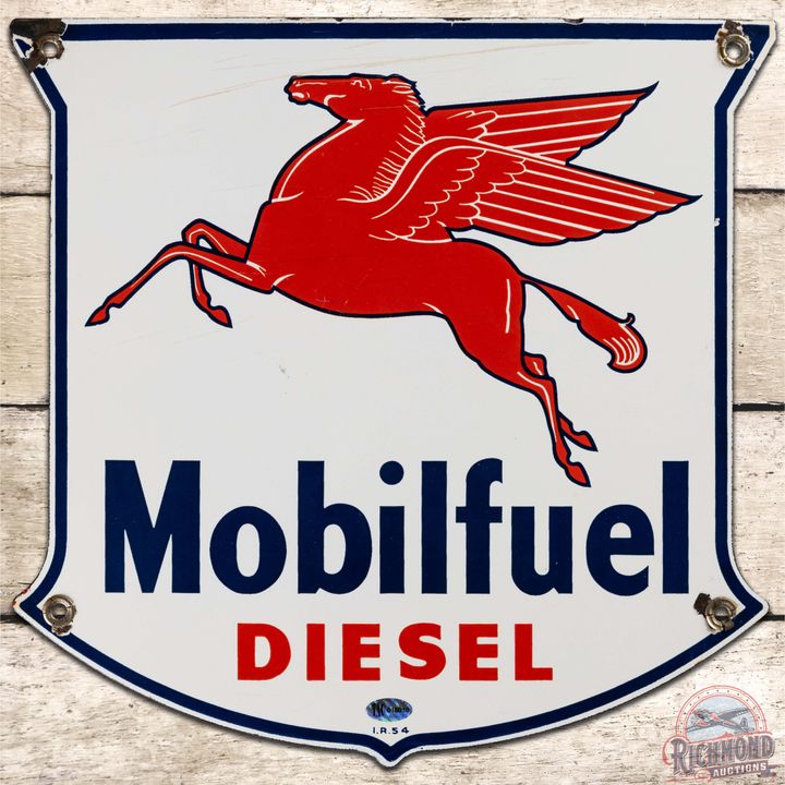 1954 Mobilfuel Diesel SS Porcelain Gas Pump Plate Sign w/ Pegasus