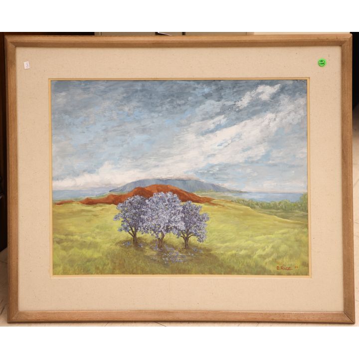 Vintage B. Rice ''Blue Trees, Hawaii'' 1962 Oil on Paper Framed 26''x32''
