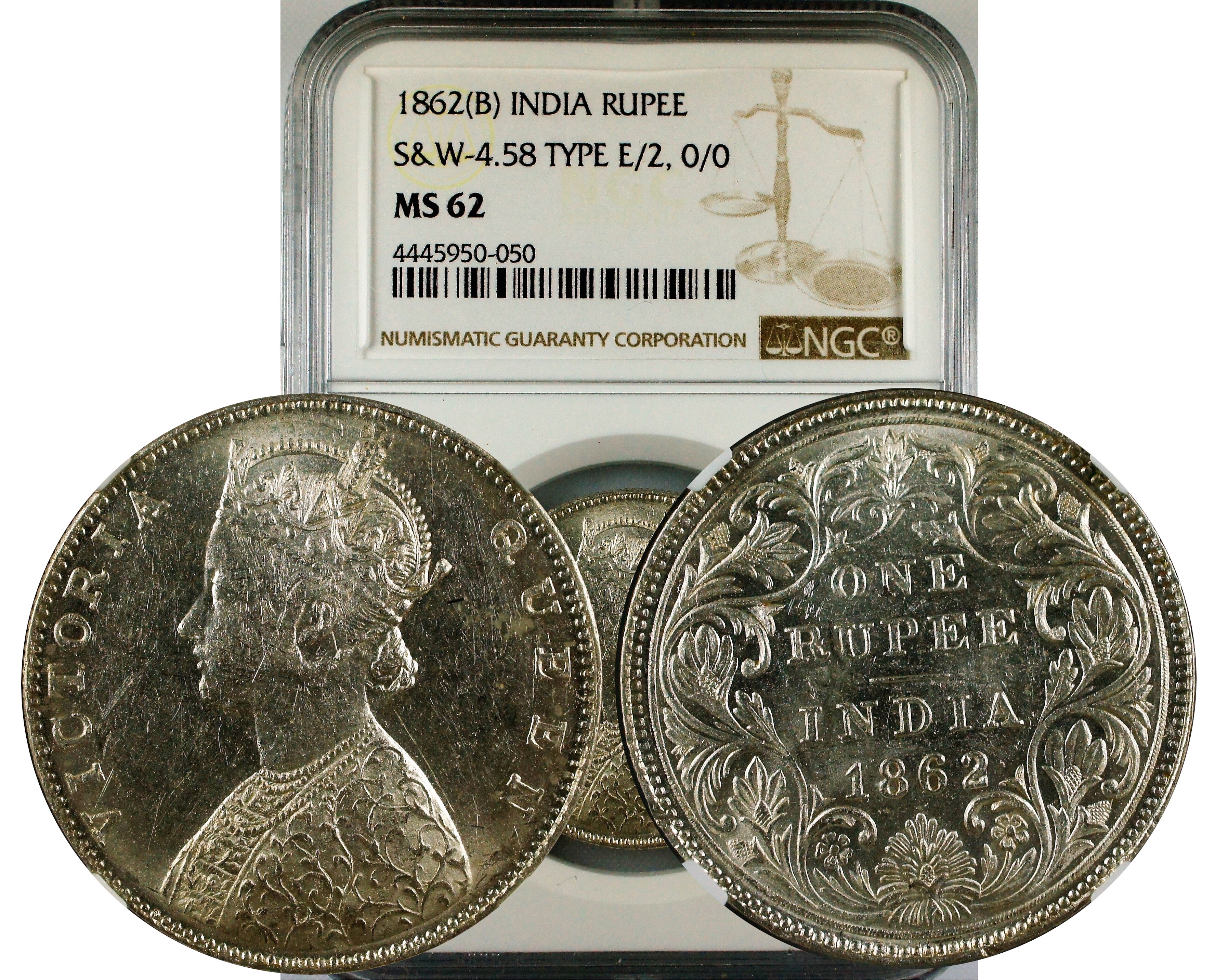 India British 1862 B Rupee Type E/2, 0/0 Dots NGC MS62
