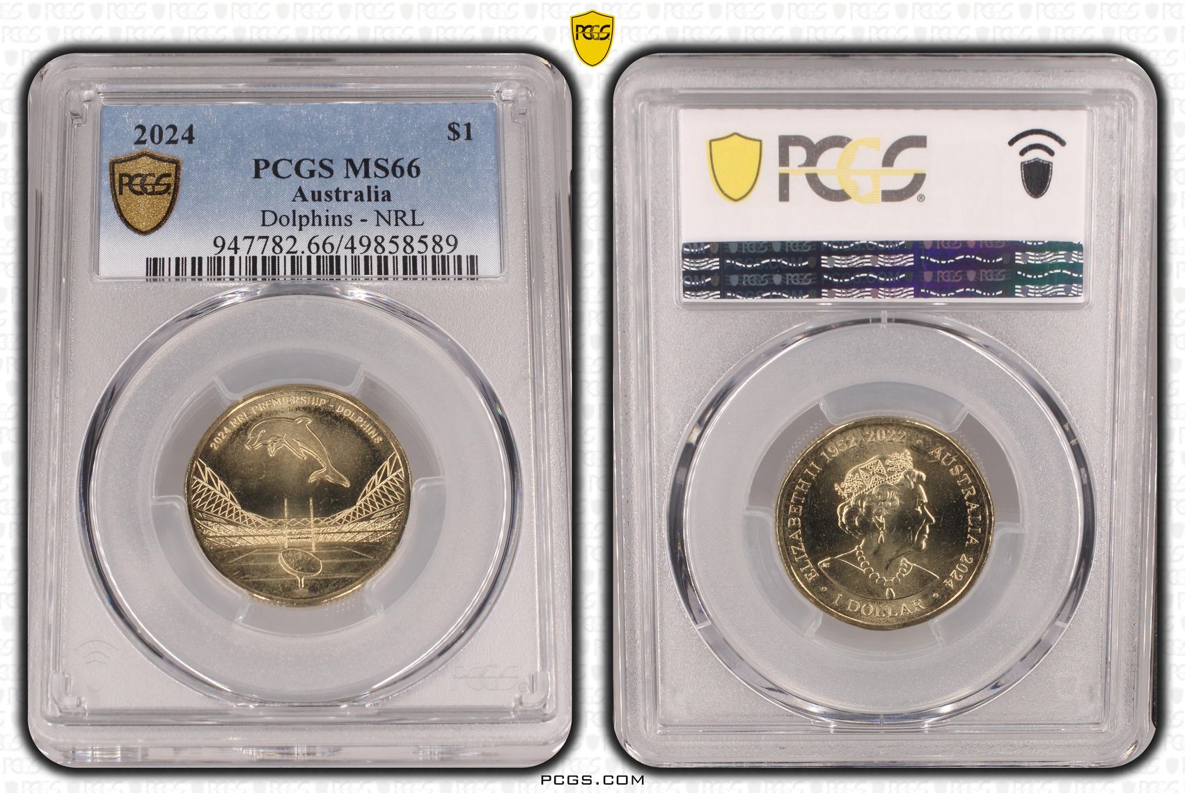 362 · Elizabeth II, Dolphins - NRL , One Dollar, 2024, PCGS MS66