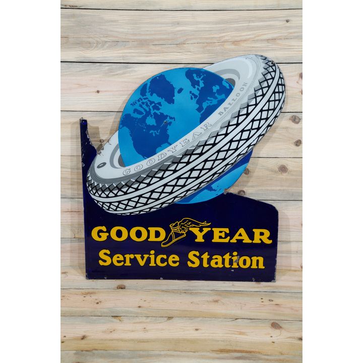Goodyear Service Station w/ World in Tire Logo Porcelain Diecut Flange Sign TAC 8