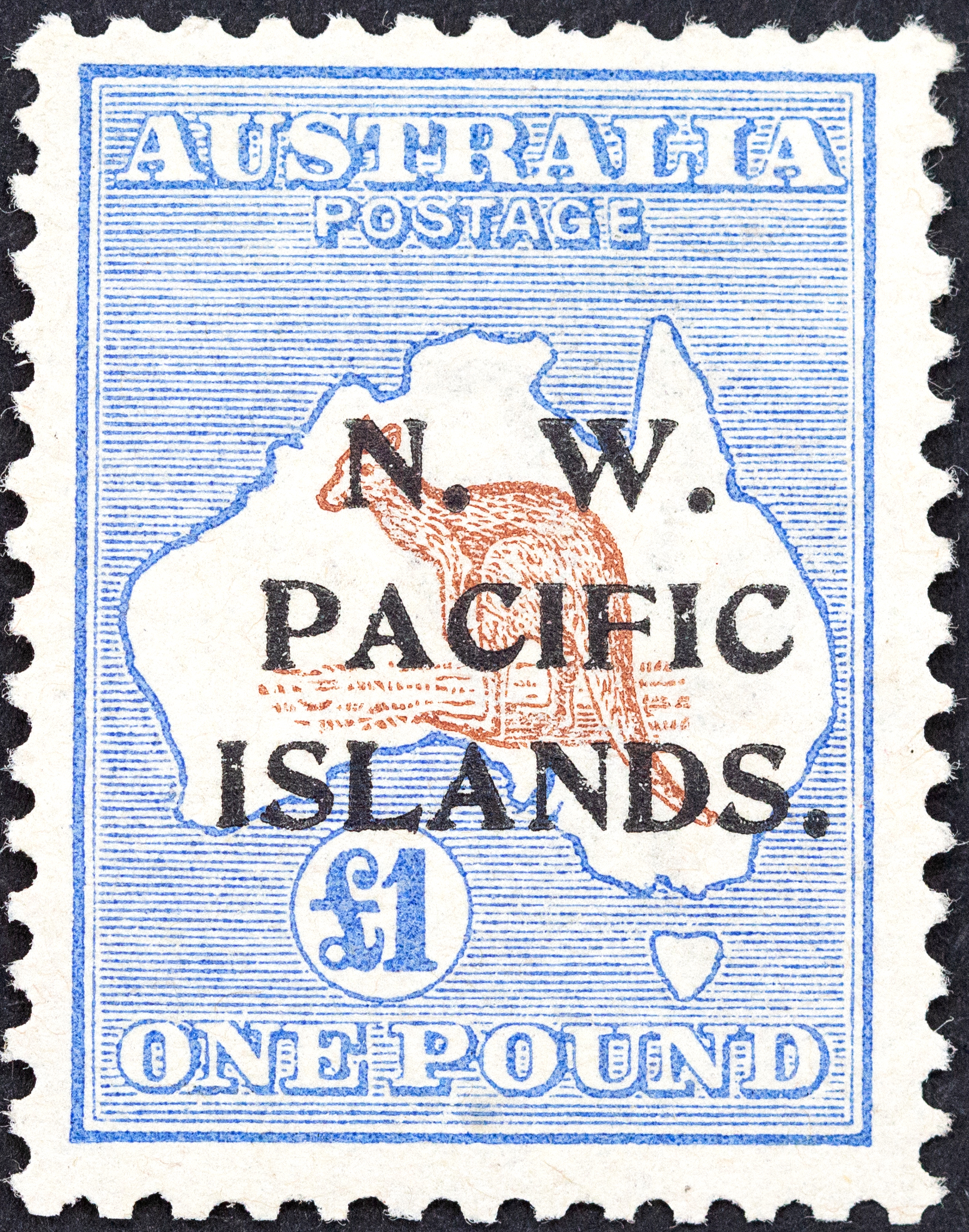 New Guinea, First Watermark Kangaroo NWPI Overprints, One Pound, Brown & Ultramarine, 1915, MLH