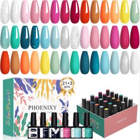 PHOENIXY 24 PCS GEL NAIL POLISH SET, 21 COLORS SOAK OFF GEL NAIL KIT NUDE PINK RED BLUE GREEN YELLOW ORANGE NAIL POLISH SET WITH B