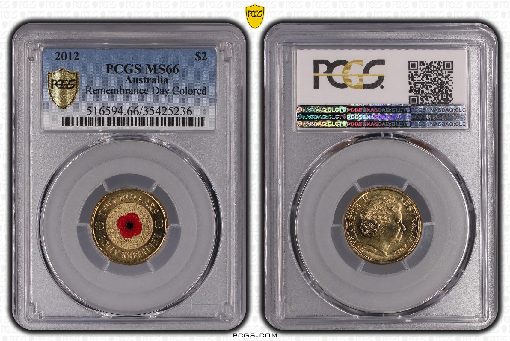 Elizabeth II, Remembrance Day Red Poppy, Two Dollar, 2012, PCGS MS 66