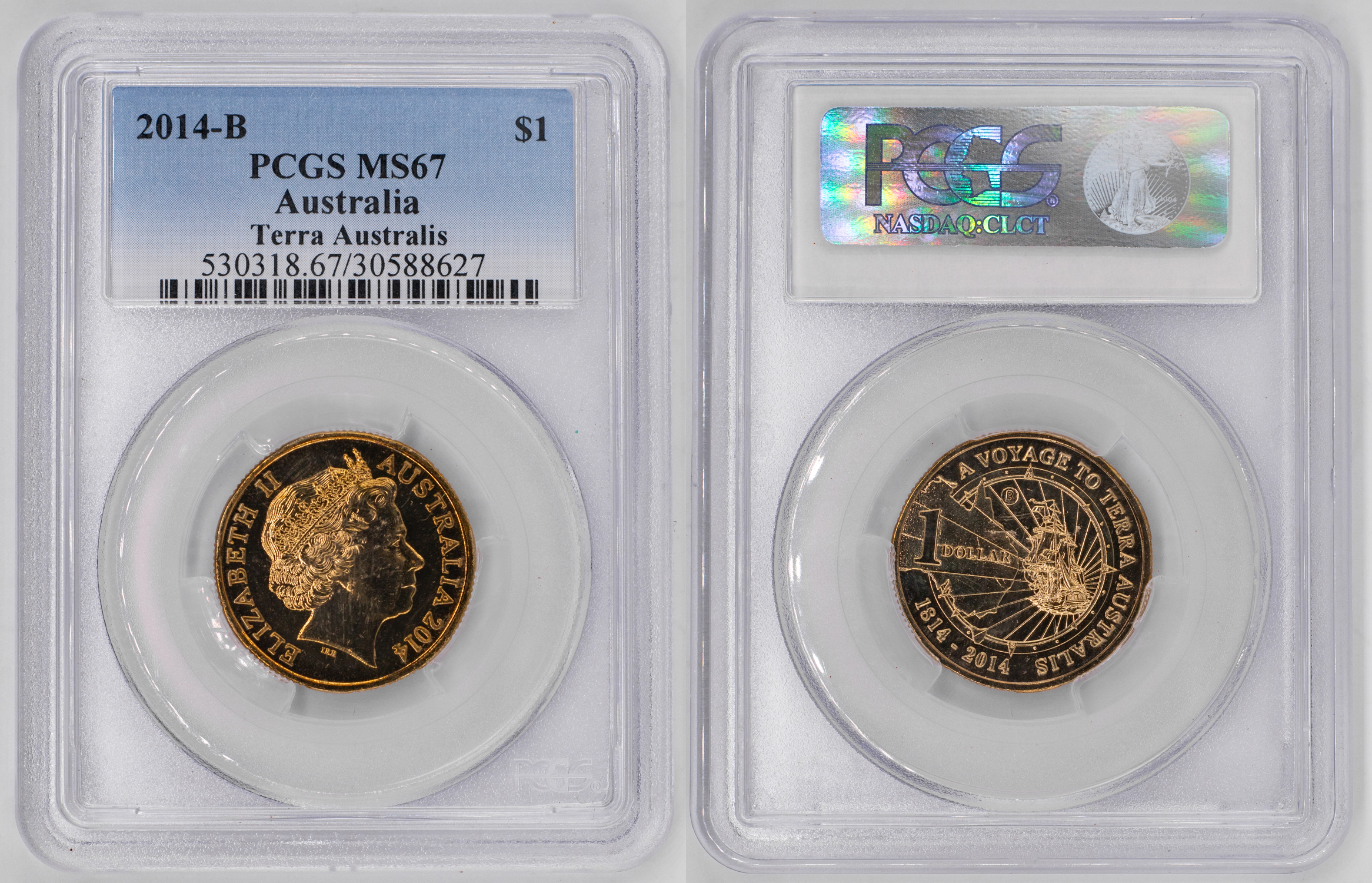 Elizabeth II, A Voyage to Terra Australis Privy Mark, One Dollar, 2014-B, PCGS MS67