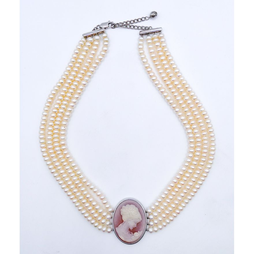 Pearl Sterling Triple Strand Cameo Necklace 18''