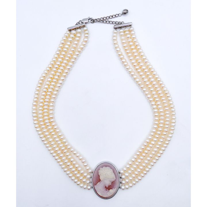 Pearl Sterling Triple Strand Cameo Necklace 18''