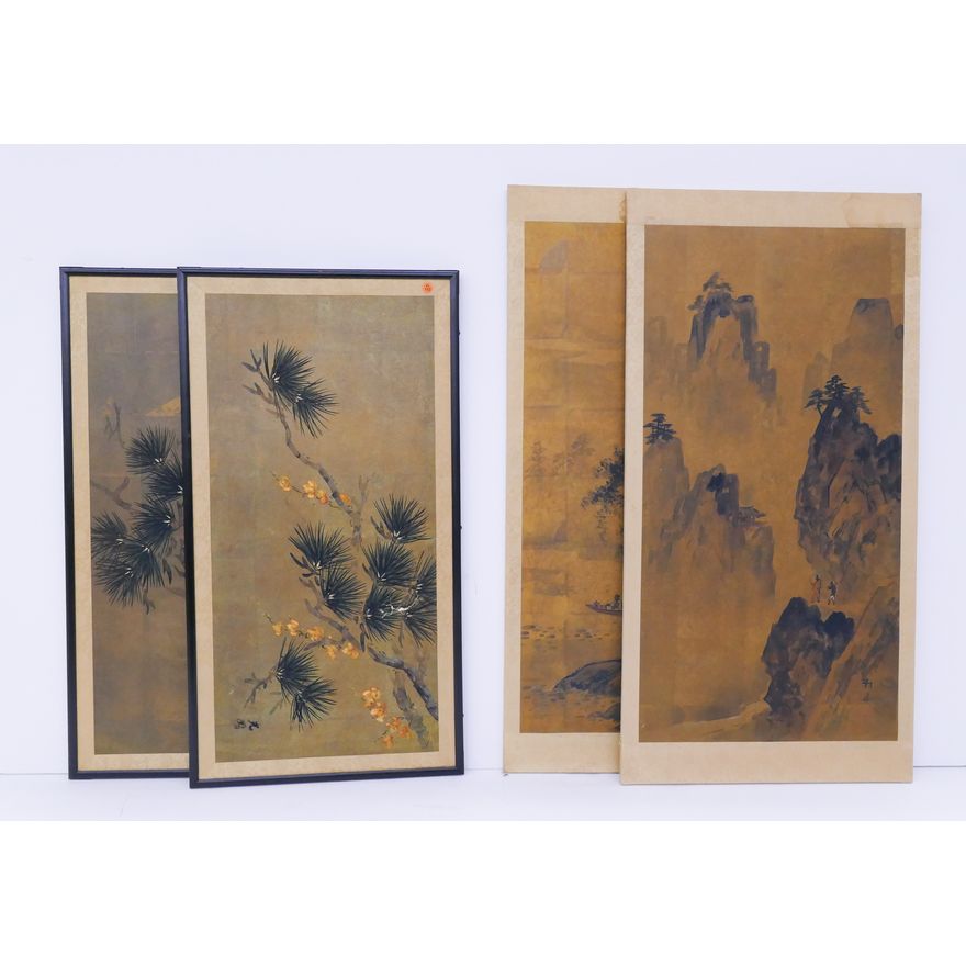 2 Pairs Japanese Painted Hanging Panels- largest 43x21''