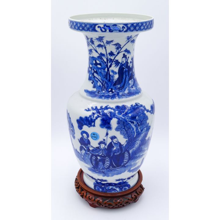 Antique Chinese Blue & White Porcelain Vase on Stand 17''