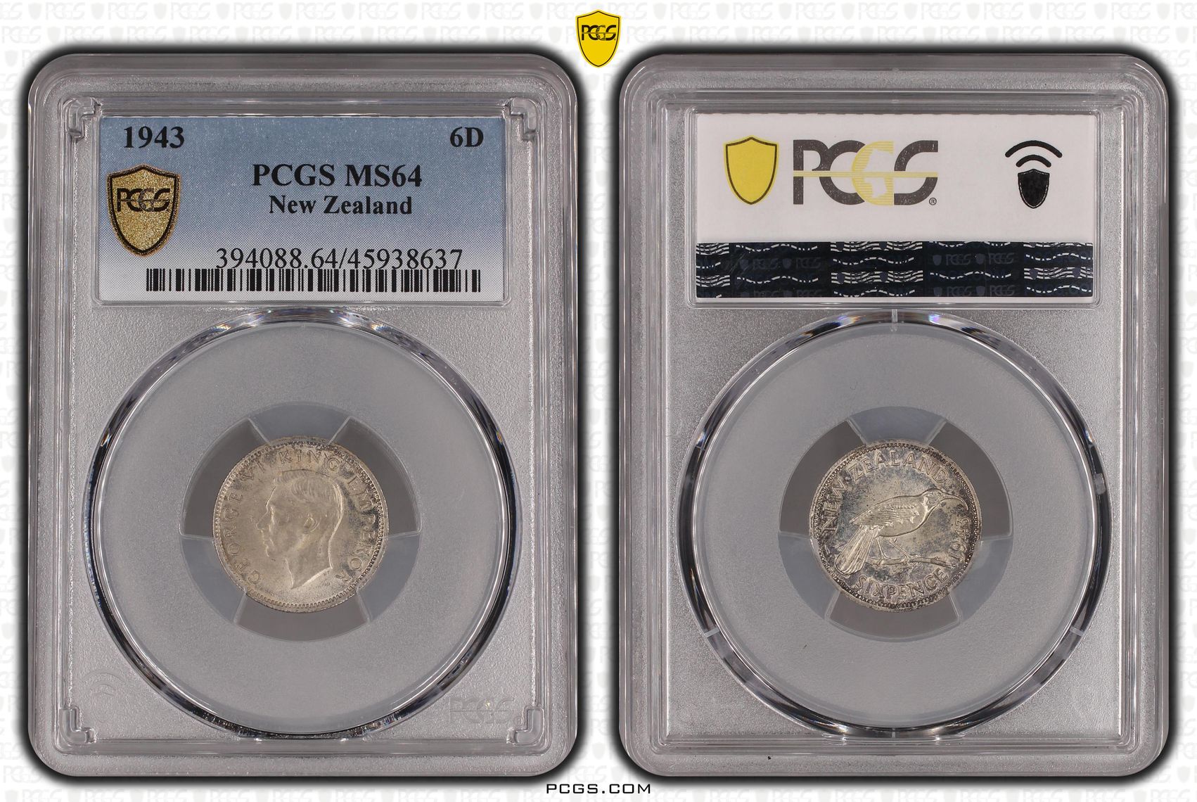 1943 New Zealand Sixpence Silver PCGS - MS64 -637