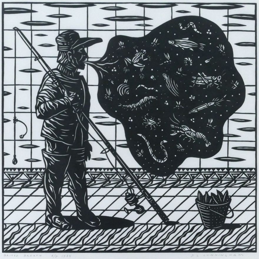 Dennis Cunningham ''Baited Breath'' 1984 Linocut