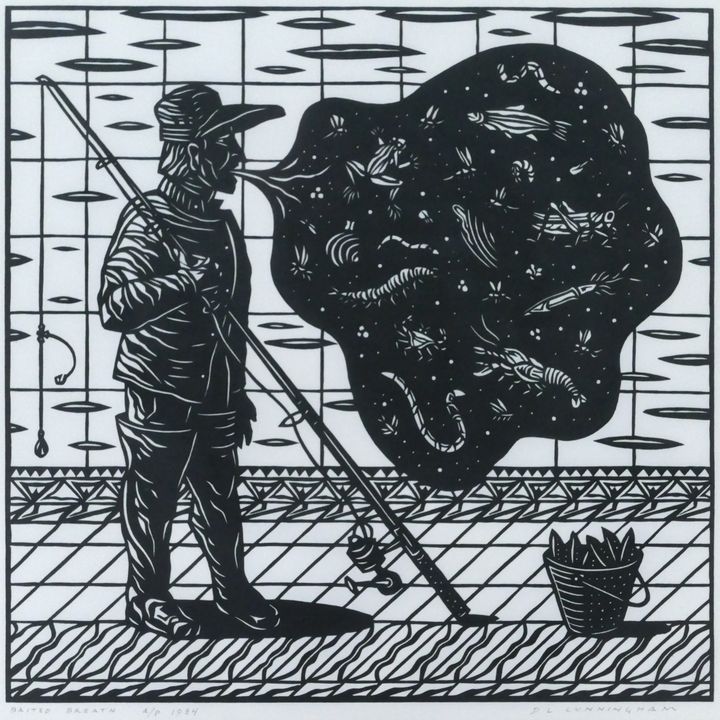 Dennis Cunningham ''Baited Breath'' 1984 Linocut