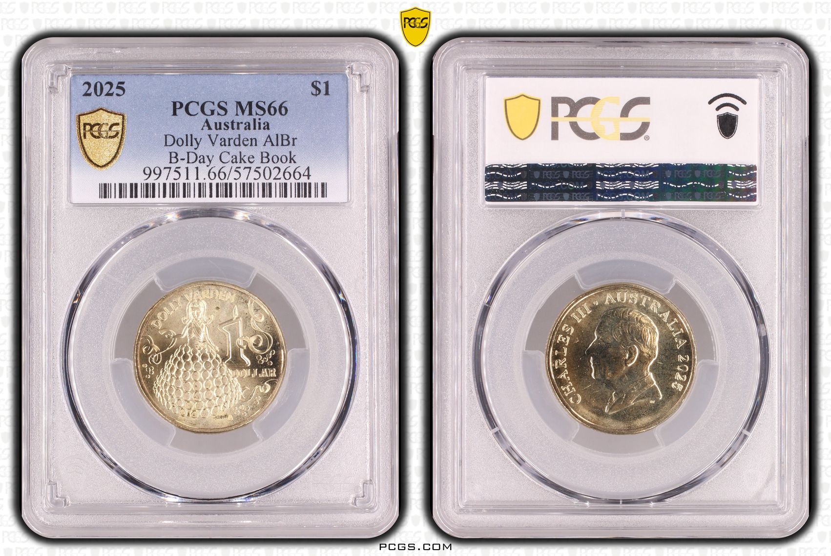 Dolly Varden AlBr B-Day Cake Book, One Dollar, 2025, PCGS MS66