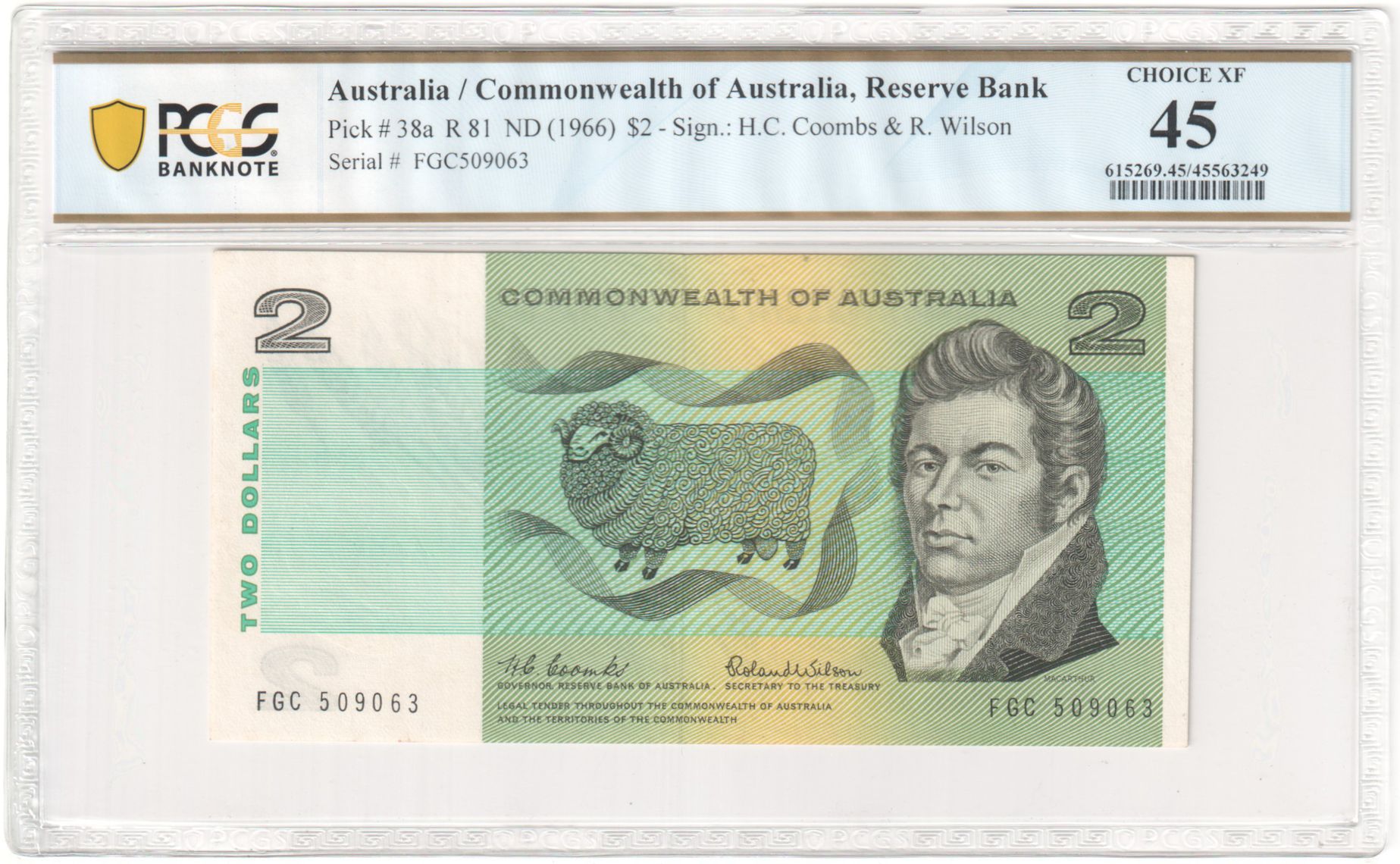 92 · R. 81, Commonwealth of Australia, Reserve Bank, Sign.: H.C. Coombs & R. Wilson, Two Dollar, ND (1966), PCGS - Choice XF 45