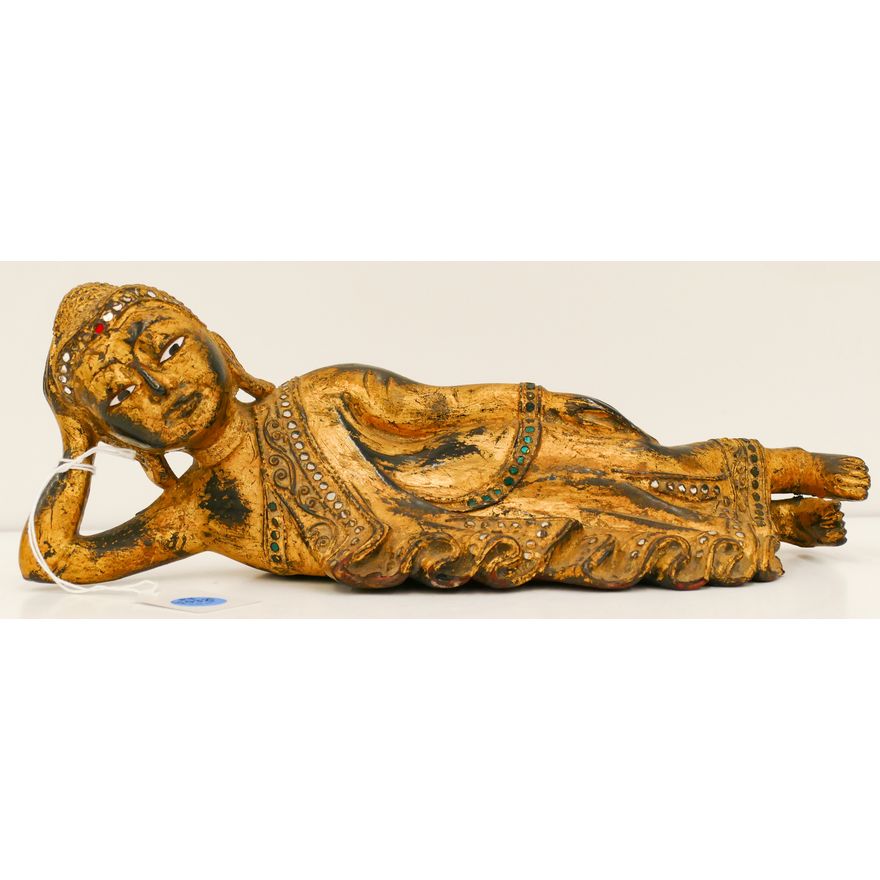 Thai Gilt Jeweled Wood Reclining Buddha 4.5''x12.5''
