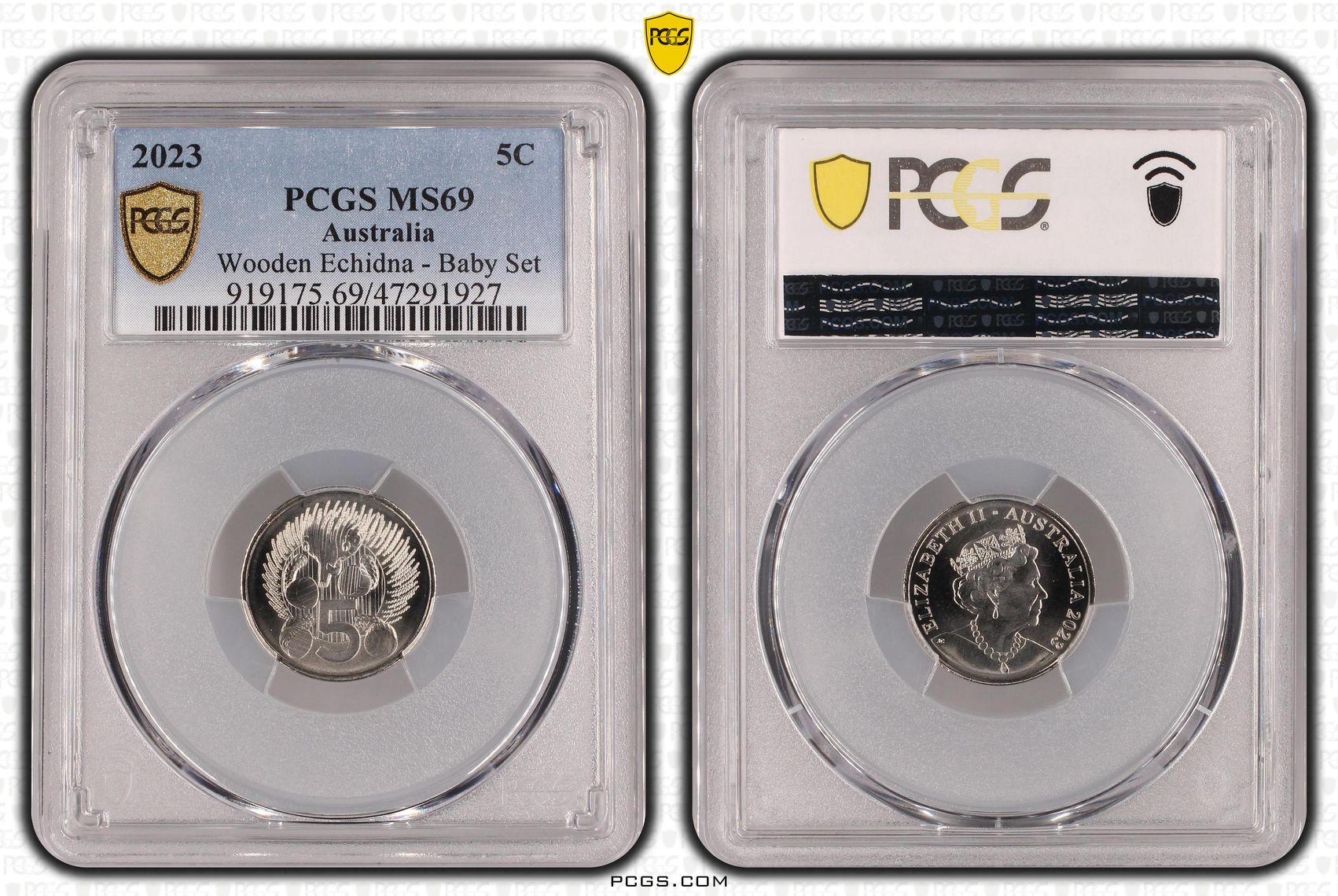 Wooden Echidna - Baby Set, Five Cent, 2023, PCGS MS 69