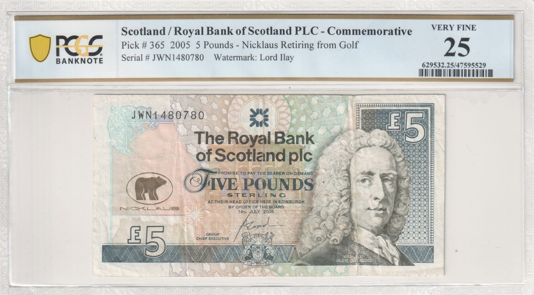 Scotland, Royal Bank of Scotland PLC, Commemorative, Nicklaus Retiring from Golf, Watermark: Lord Ilay, Five Pound, 2005, PCGS Very Fine 25