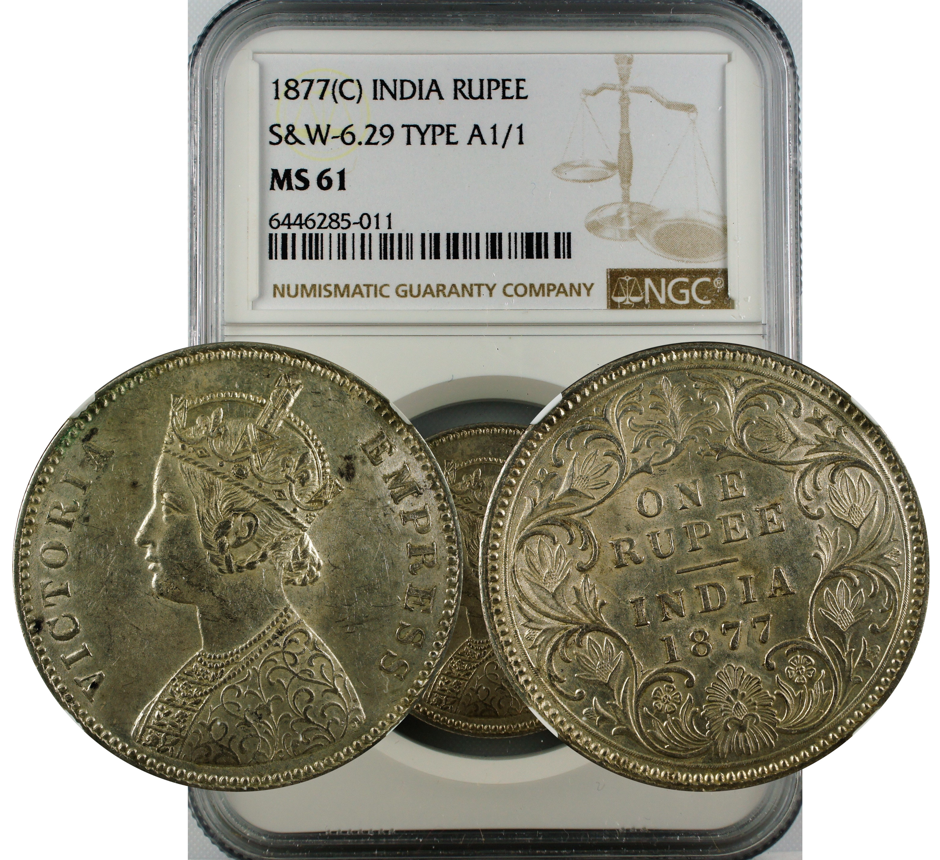 1877 C INDIA RUPEE S&W-6.29 TYPE A1/1 MS61
