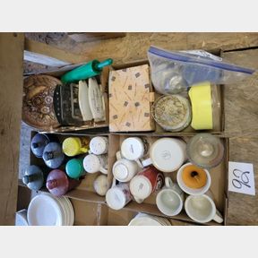 4 Boxes of mugs, canisters and decorative things