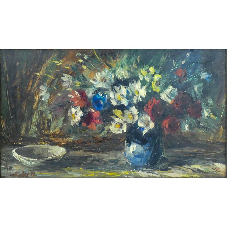 Miklos Komlos ''Floral Still Life'' 1950 Oil on Board Framed 20''x31''