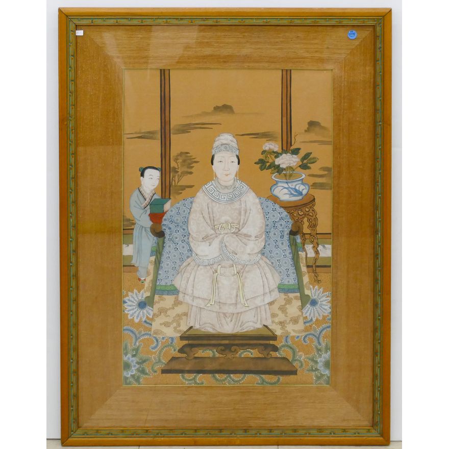 Vintage Chinese Ancestral Woman Portrait Framed 39''x28.5''