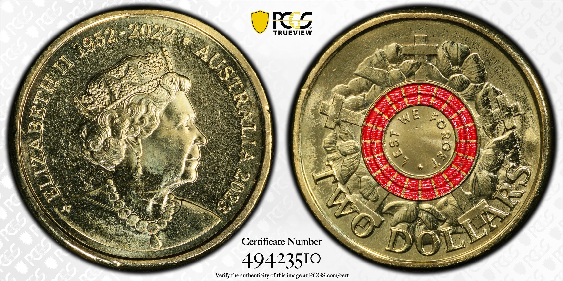 Elizabeth II, 35th Ann $2 Coin Set Lest we Forget Lest we Forget-War Grave, Two Dollar, 2023, PCGS MS66