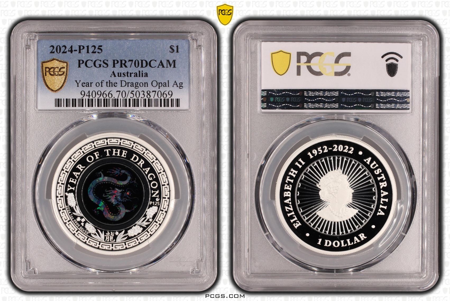 Year of the Dragon Opal Ag, One Dollar, 2024-P125, PCGS PR70DCAM
