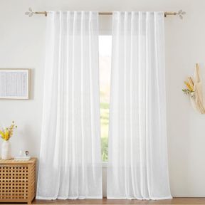 RYB HOME LINEN SHEER CURTAINS FOR LIVING ROOM TEXTURED SEMI SHEER CURTAINS LARGE WINDOW TREATMENT FOR BEDROOM PATIO DOOR, WHITE, 5