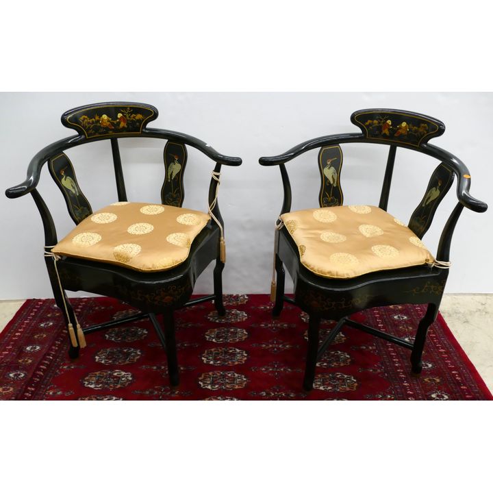 Pair Chinese Painted Lacqured Horseshoe Chairs 35'' x 25'' x 24''
