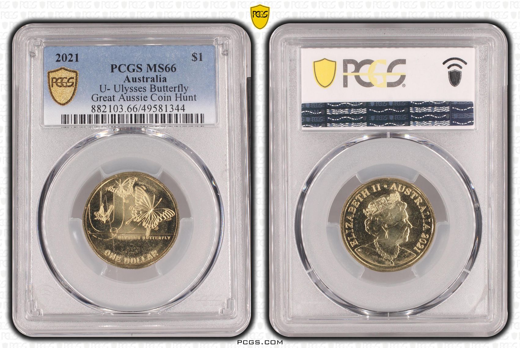 473 · Elizabeth II, U- Ulysses Butterfly Great Aussie Coin Hunt  POP 2/0, One Dollar, 2021, PCGS MS66