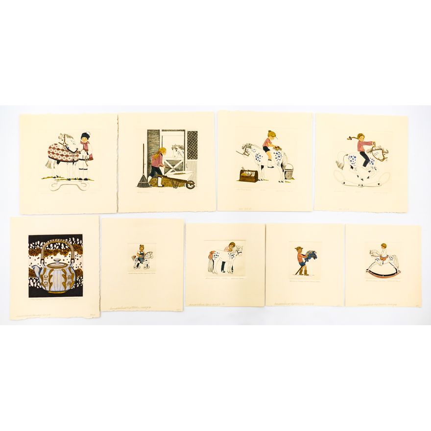 9pc Yvonne Davis S/N Small Girl & Horse Hand Colored Etchings