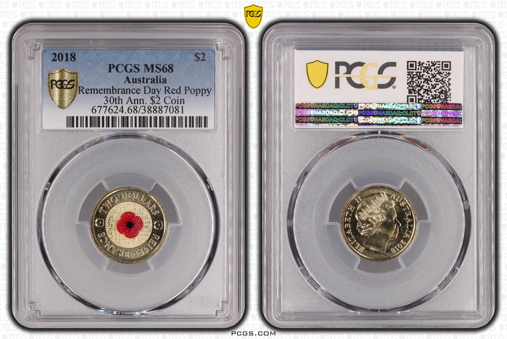 Remembrance Day Red Poppy 30th Ann. $2 Coin Colorized, Two Dollar, 2018, PCGS MS68