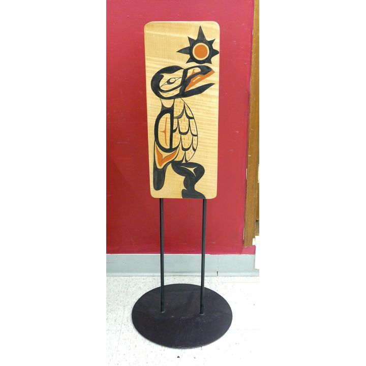 NW Coast ''Raven Returns the Sun'' Painted Cedar Plaque on Stand 43''x9''.