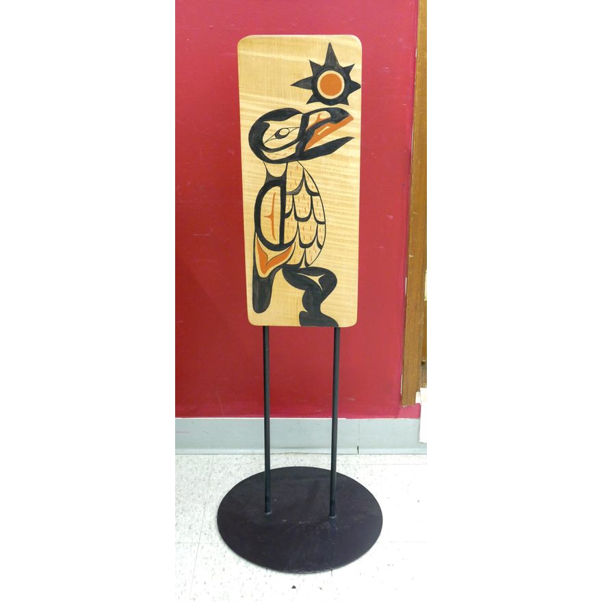 NW Coast ''Raven Returns the Sun'' Painted Cedar Plaque on Stand 43''x9''.