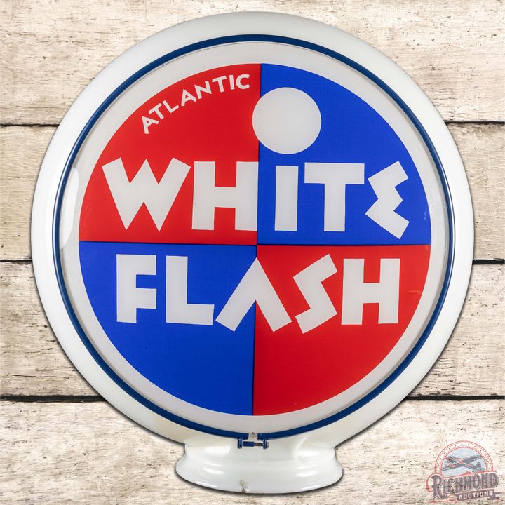 Atlantic White Flash Gasoline 13.5" Complete Gill Milk Glass Gas Pump Globe