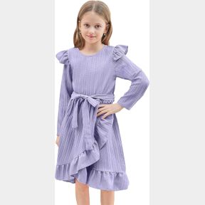 GIRLS DRESSES PURPLE RUFFLE SLEEVE STRIPED TIE WAIST LITTLE GIRL DRESSES SIZE 7