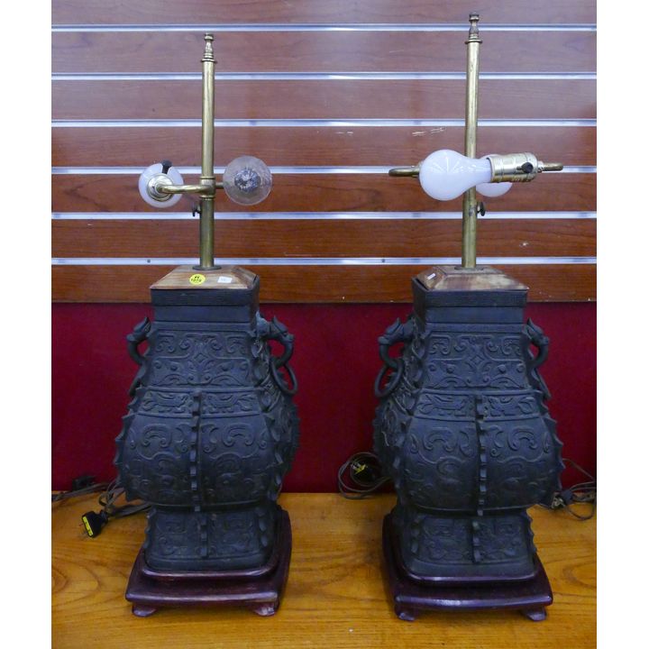 Pair Chinese Archaic Bronze Vessel Table Lamps- 29''